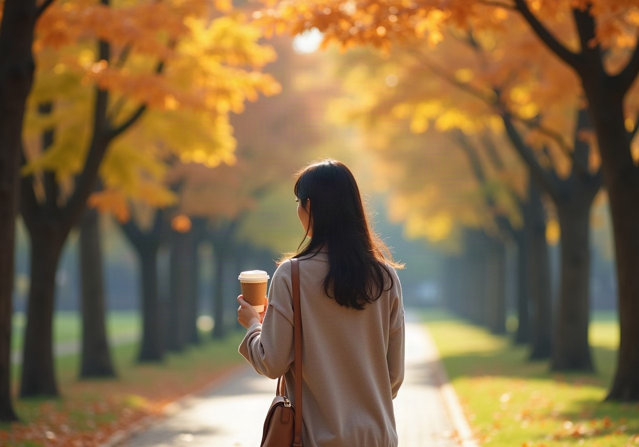 紅葉の並木道をコーヒーを手にゆっくり歩く女性の後ろ姿