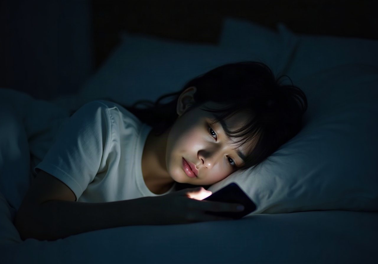 深夜にベッドでスマホの光に照らされる疲れた表情の女性